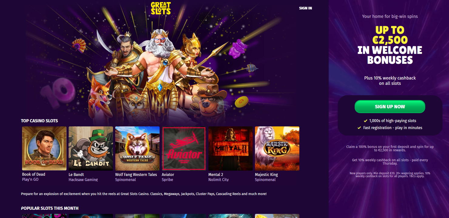 GreatSlots casino website screenshot