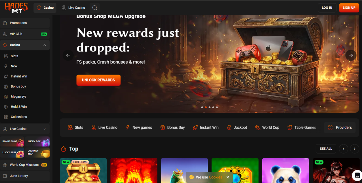 HadesBet casino website screenshot