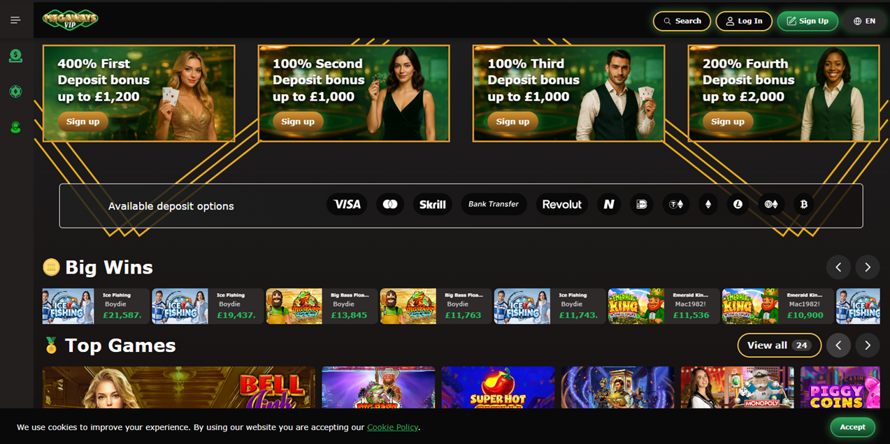Megaways casino website screenshot