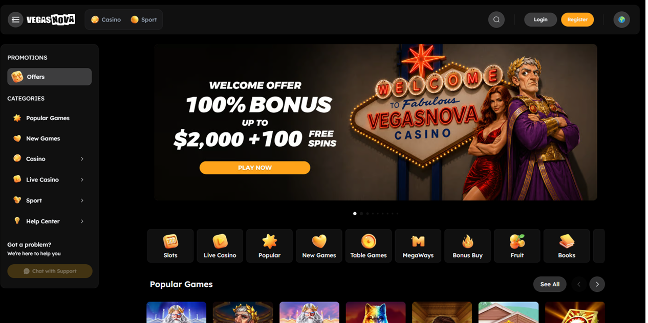 VegasNova casino website screenshot